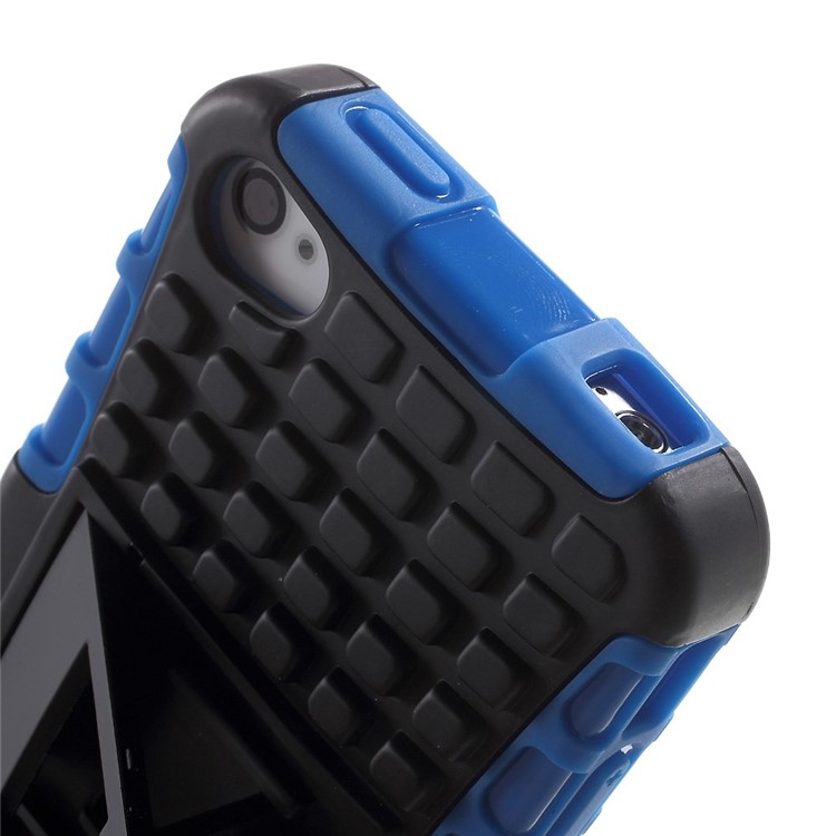 Anti-slip Grid Pattern PC + TPU Hybrid Cover for iPhone 4s 4 with Kickstand - Blue-7