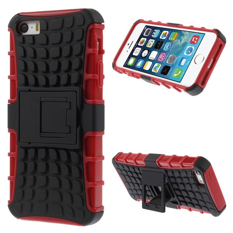 Detachable PC and TPU Cover for iPhone SE 5s 5 with Kickstand - Red-1