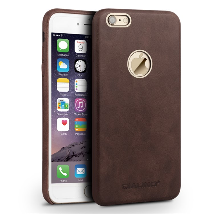 QIALINO Metal Rim Slim Genuine Leather Phone Case for iPhone 6s 6 - Coffee-1