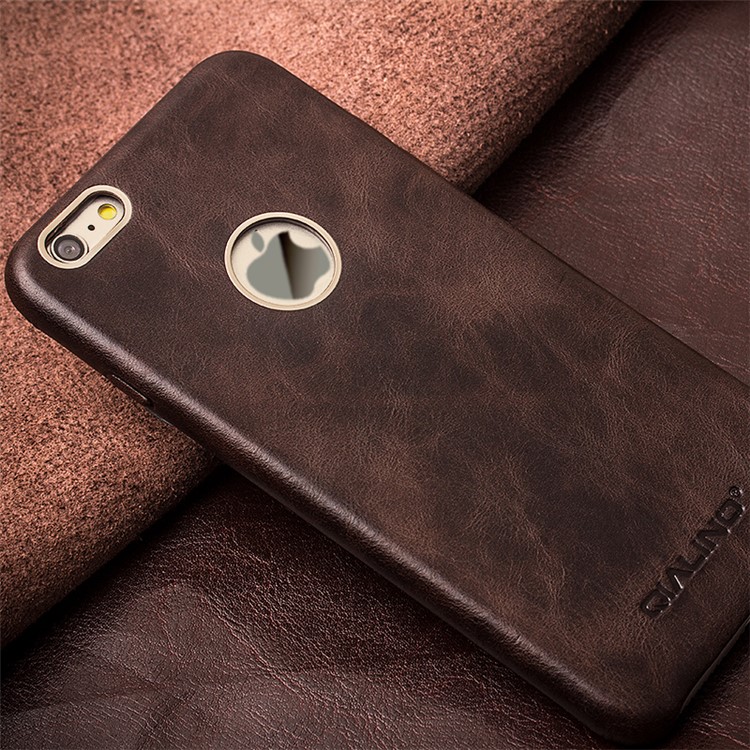 QIALINO Metal Rim Slim Genuine Leather Phone Case for iPhone 6s 6 - Coffee-2