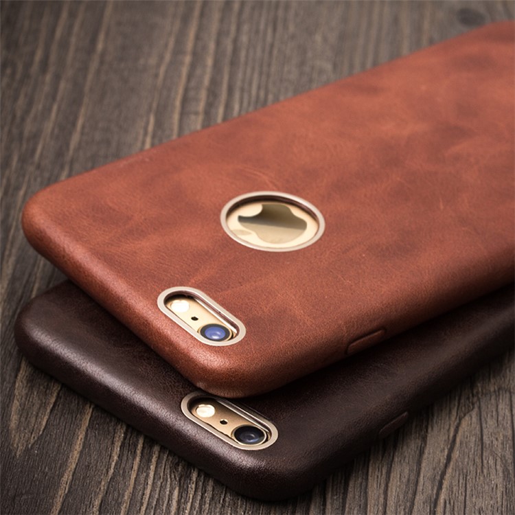 QIALINO Metal Rim Slim Genuine Leather Phone Case for iPhone 6s 6 - Coffee-3