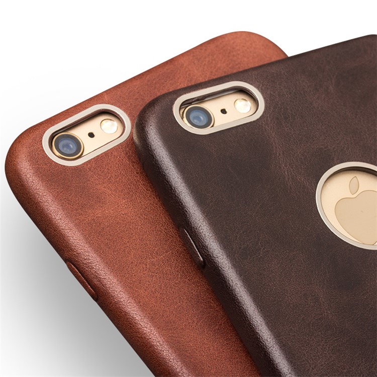 QIALINO Metal Rim Slim Genuine Leather Phone Case for iPhone 6s 6 - Coffee-4