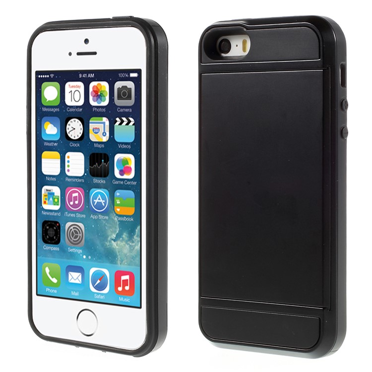 Slide Card Slot Plastic + TPU Hybrid Phone Case for iPhone SE 5s 5 - Black-1