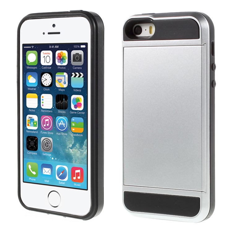 For iPhone SE 5s 5 Slide Card Slot Plastic + TPU Hybrid Case Accessory - Silver-1