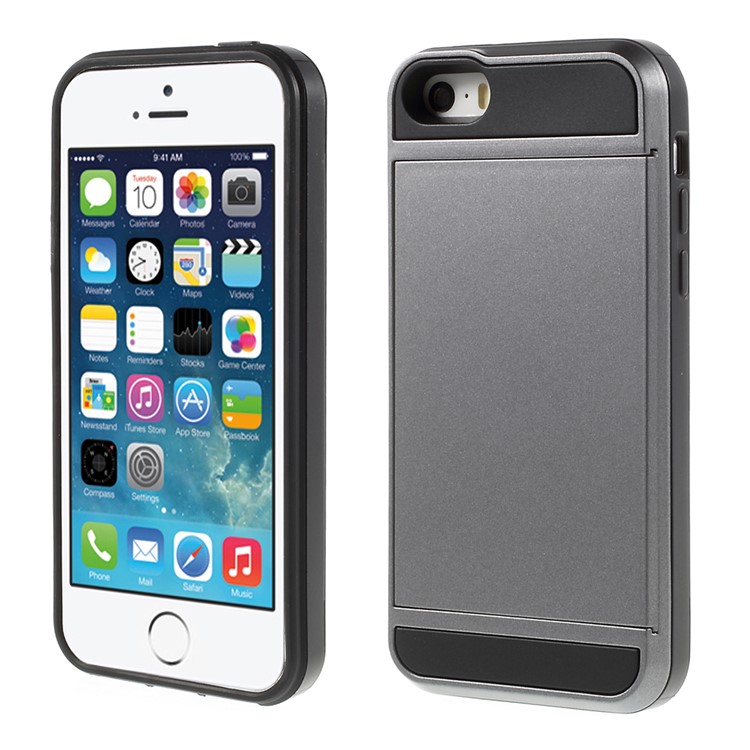 For iPhone SE 5s 5 Slide Card Slot Plastic + TPU Protector Case Cover - Grey-1