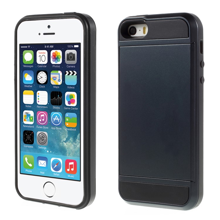 Slide Card Slot Plastic + TPU Mobile Phone Case for iPhone SE 5s 5 - Dark Blue-1