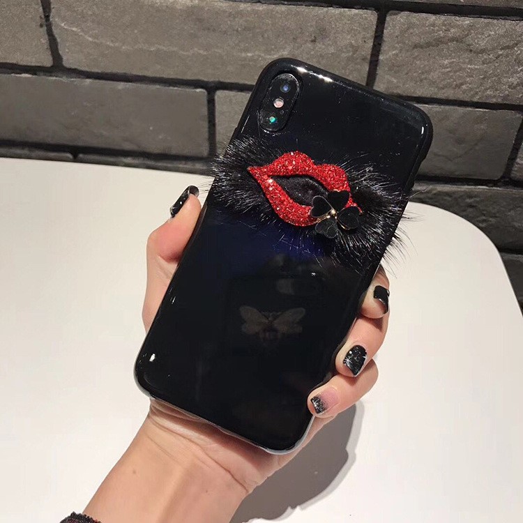 3D Red Lip Pattern Decor Glossy Black TPU Cover for iphone X - Black-1