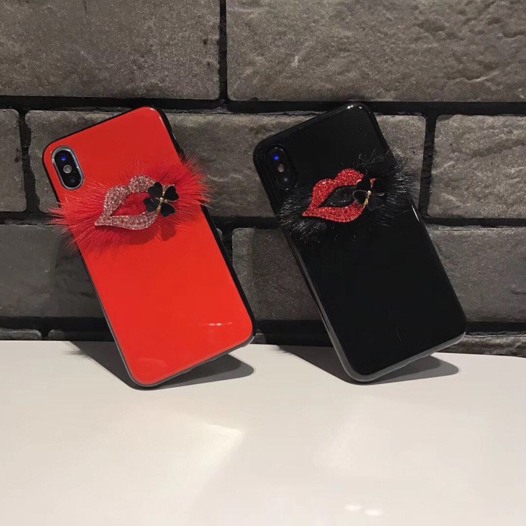 3D Red Lip Pattern Decor Glossy Black TPU Cover for iphone X - Black-3