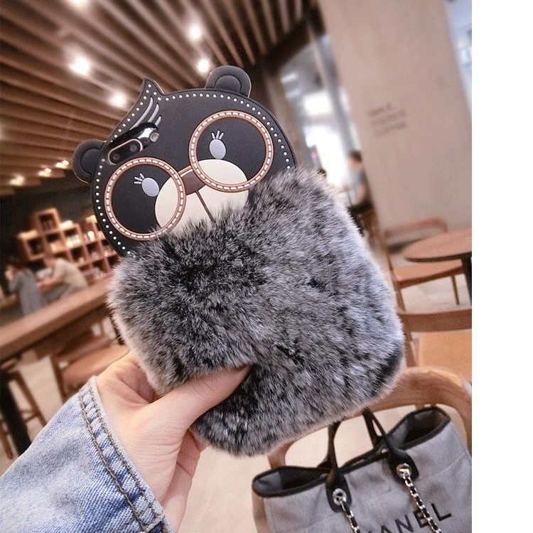 Cute Cartoon Bear Pattern Rabbit Fur Coated TPU Phone Case for iPhone 8 Plus/7 Plus 5.5 inch - Grey-1