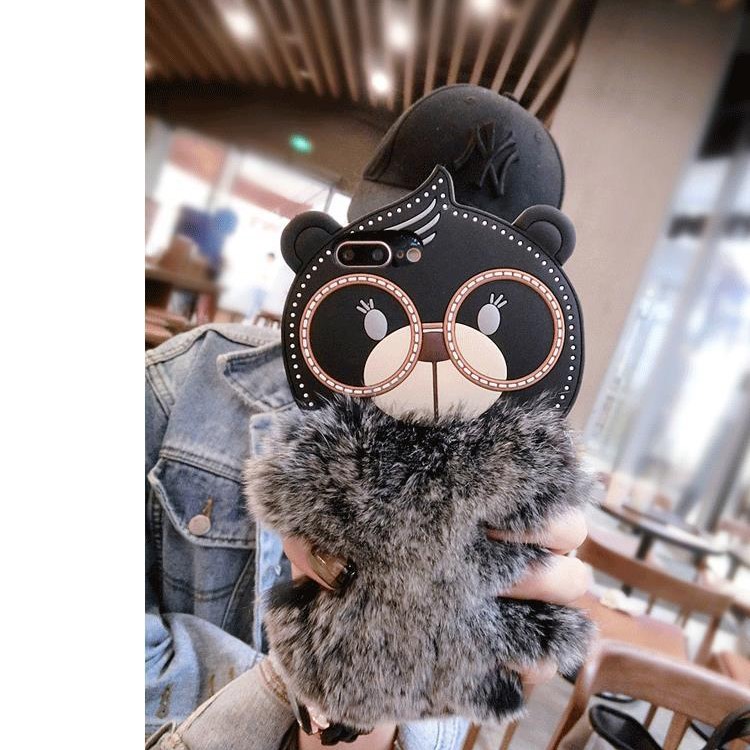 Cute Cartoon Bear Pattern Rabbit Fur Coated TPU Phone Case for iPhone 8 Plus/7 Plus 5.5 inch - Grey-2