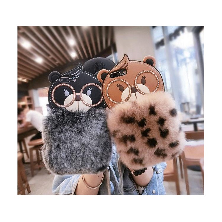 Cute Cartoon Bear Pattern Rabbit Fur Coated TPU Phone Case for iPhone 8 Plus/7 Plus 5.5 inch - Grey-5
