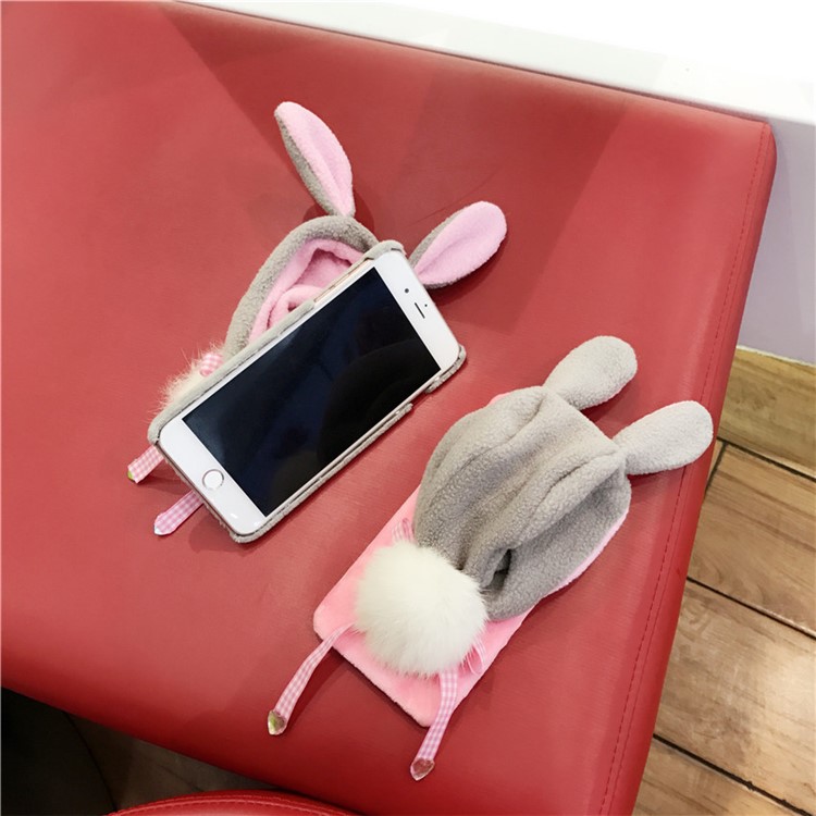 Cute 3D Floppy Rabbit Ear Plush Hoodie Hat Fluffy Ball Tail PC Hard Case for iPhone 8 Plus/7 Plus-12
