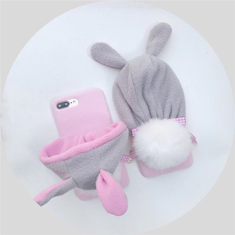 Cute 3D Floppy Rabbit Ear Plush Hoodie Hat Fluffy Ball Tail PC Hard Case for iPhone 8 Plus/7 Plus-2