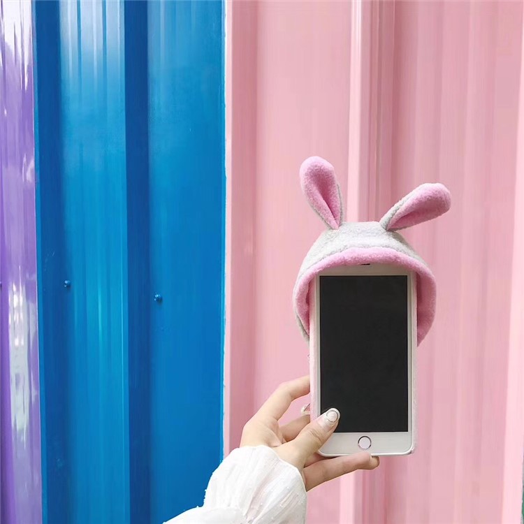 Cute 3D Floppy Rabbit Ear Plush Hoodie Hat Fluffy Ball Tail PC Hard Case for iPhone 8 Plus/7 Plus-4