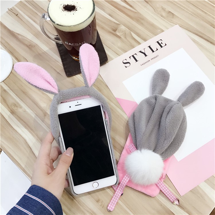 Cute 3D Floppy Rabbit Ear Plush Hoodie Hat Fluffy Ball Tail PC Back Case for iPhone 8/7-11