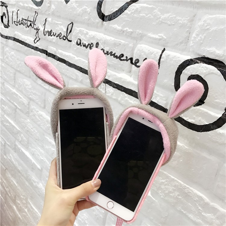 Cute 3D Floppy Rabbit Ear Plush Hoodie Hat Fluffy Ball Tail PC Back Case for iPhone 8/7-13