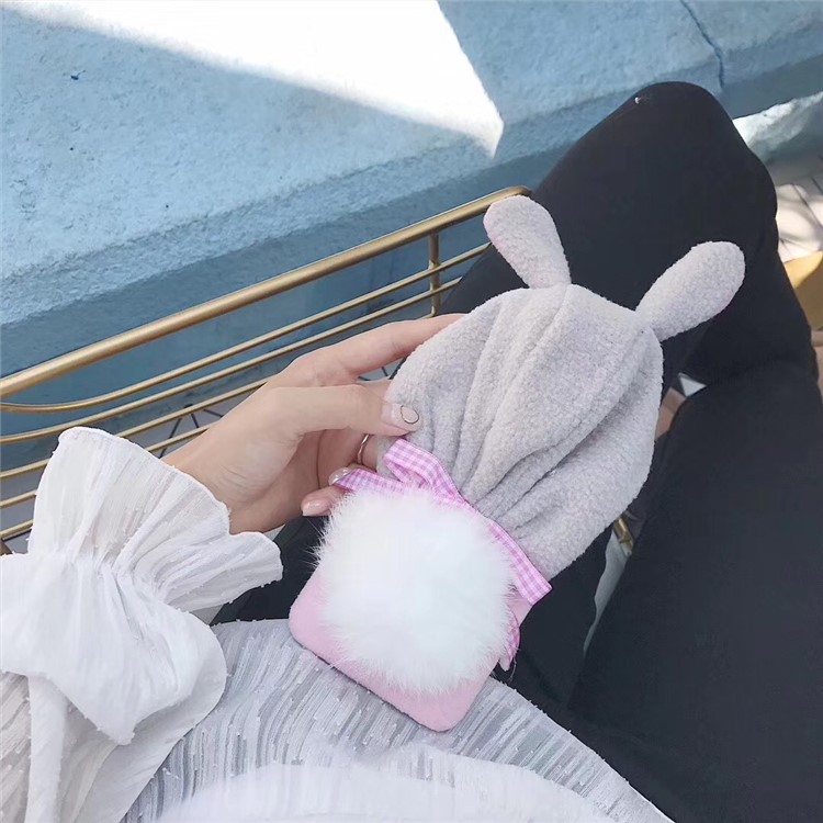 Cute 3D Floppy Rabbit Ear Plush Hoodie Hat Fluffy Ball Tail PC Back Case for iPhone 8/7-5