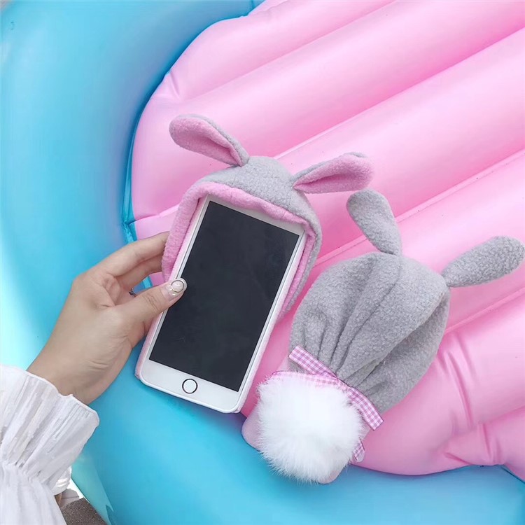 Cute 3D Floppy Rabbit Ear Plush Hoodie Hat Fluffy Ball Tail PC Back Case for iPhone 8/7-6