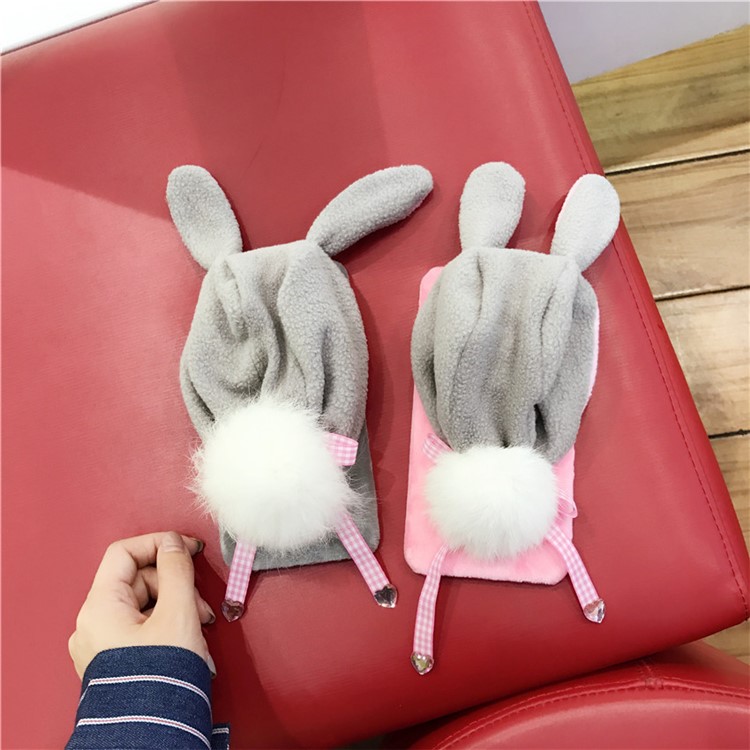 Cute 3D Floppy Rabbit Ear Plush Hoodie Hat Fluffy Ball Tail PC Back Case for iPhone 8/7-8