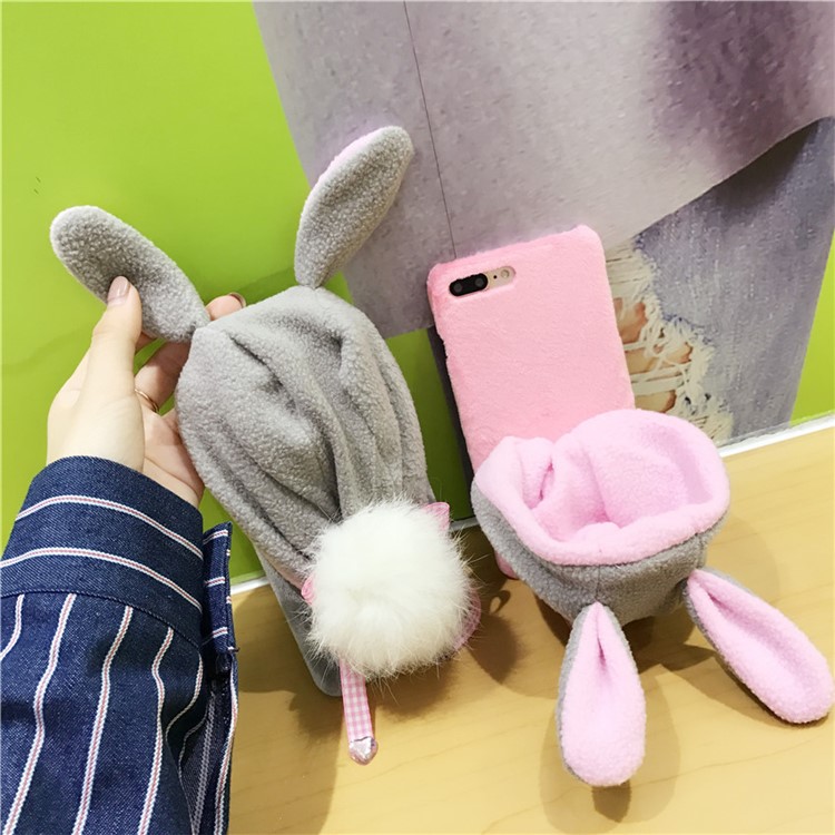 Cute 3D Floppy Rabbit Ear Plush Hoodie Hat Fluffy Ball Tail PC Back Case for iPhone 8/7-9