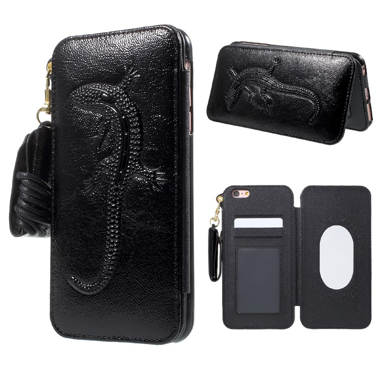 Built-in Mirror Lizard Embossment Card Holder Leather + TPU Case with Strap for iPhone 6s Plus / 6 Plus - Black-1