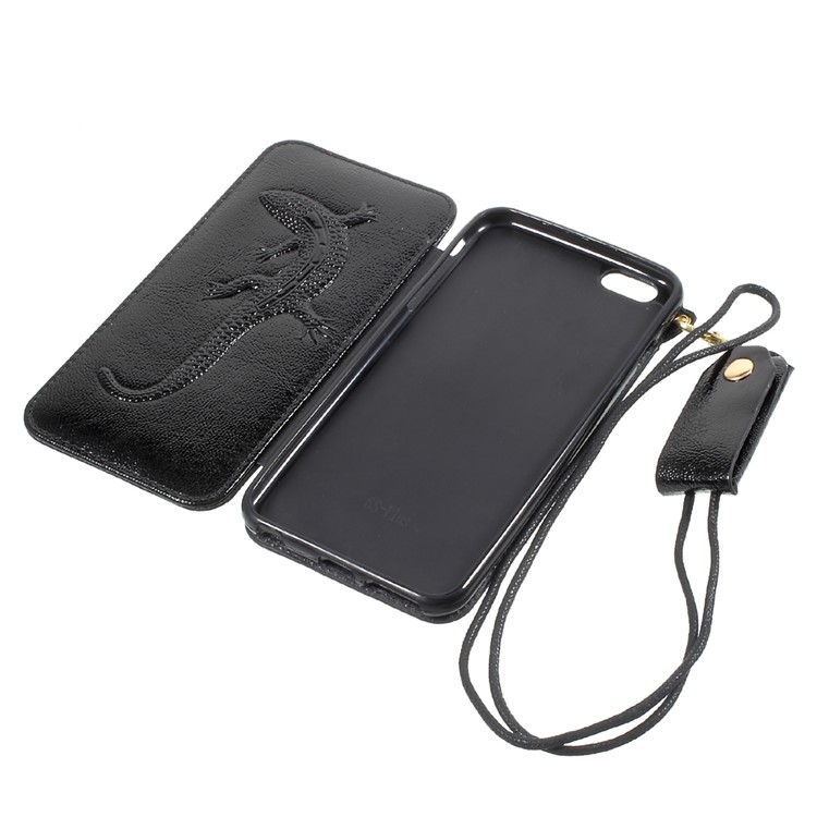 Built-in Mirror Lizard Embossment Card Holder Leather + TPU Case with Strap for iPhone 6s Plus / 6 Plus - Black-11
