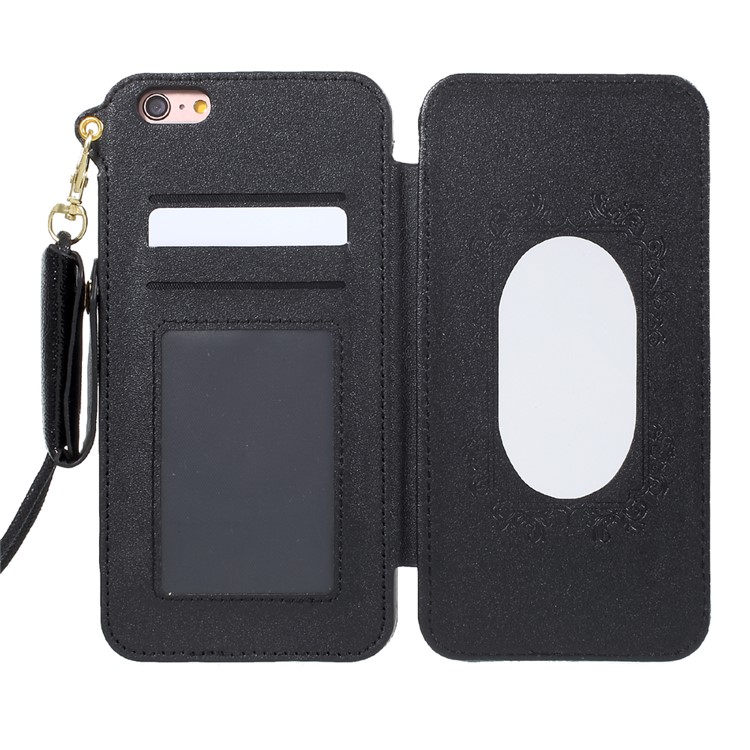Built-in Mirror Lizard Embossment Card Holder Leather + TPU Case with Strap for iPhone 6s Plus / 6 Plus - Black-2