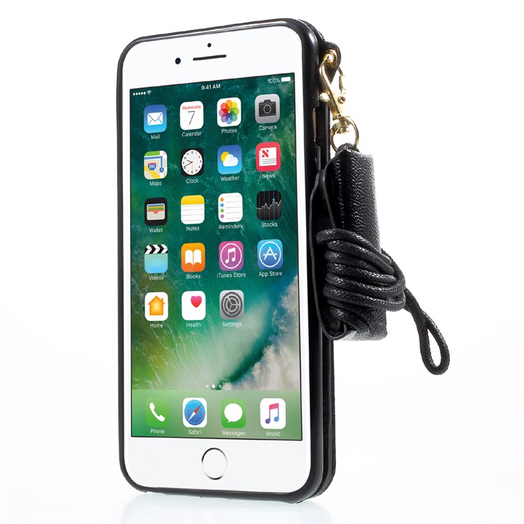 Built-in Mirror Lizard Embossment Card Holder Leather + TPU Case with Strap for iPhone 6s Plus / 6 Plus - Black-3