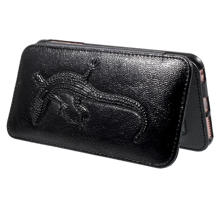 Built-in Mirror Lizard Embossment Card Holder Leather + TPU Case with Strap for iPhone 6s Plus / 6 Plus - Black-5