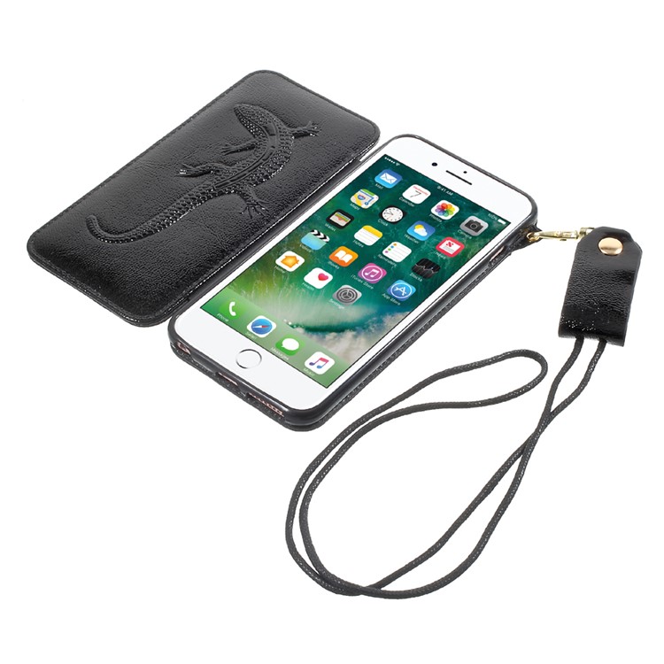 Built-in Mirror Lizard Embossment Card Holder Leather + TPU Case with Strap for iPhone 6s Plus / 6 Plus - Black-6