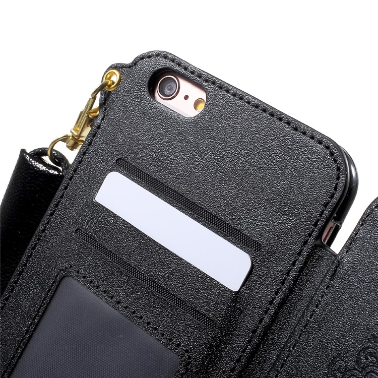 Built-in Mirror Lizard Embossment Card Holder Leather + TPU Case with Strap for iPhone 6s Plus / 6 Plus - Black-7