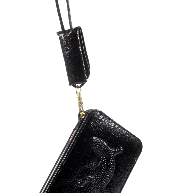 Built-in Mirror Lizard Embossment Card Holder Leather + TPU Case with Strap for iPhone 6s Plus / 6 Plus - Black-8