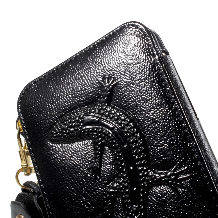 Built-in Mirror Lizard Embossment Card Holder Leather + TPU Case with Strap for iPhone 6s Plus / 6 Plus - Black-9