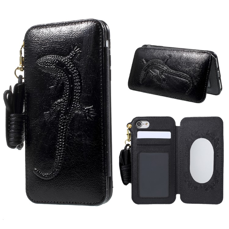 Built-in Mirror Lizard Embossment Card Holder Leather + TPU Shell Case with Strap for iPhone 7 - Black-1