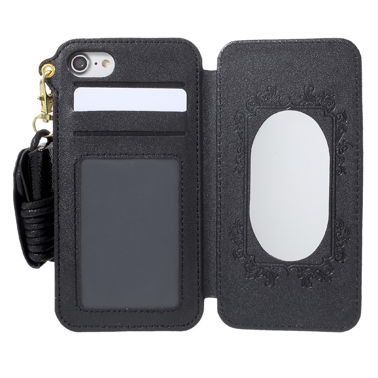 Built-in Mirror Lizard Embossment Card Holder Leather + TPU Shell Case with Strap for iPhone 7 - Black-2