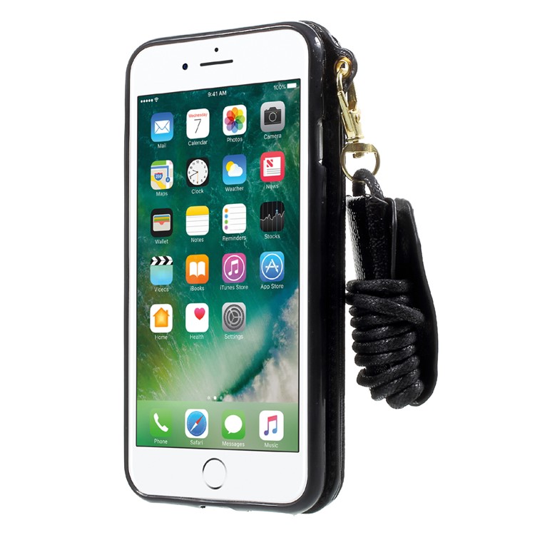 Built-in Mirror Lizard Embossment Card Holder Leather + TPU Shell Case with Strap for iPhone 7 - Black-3