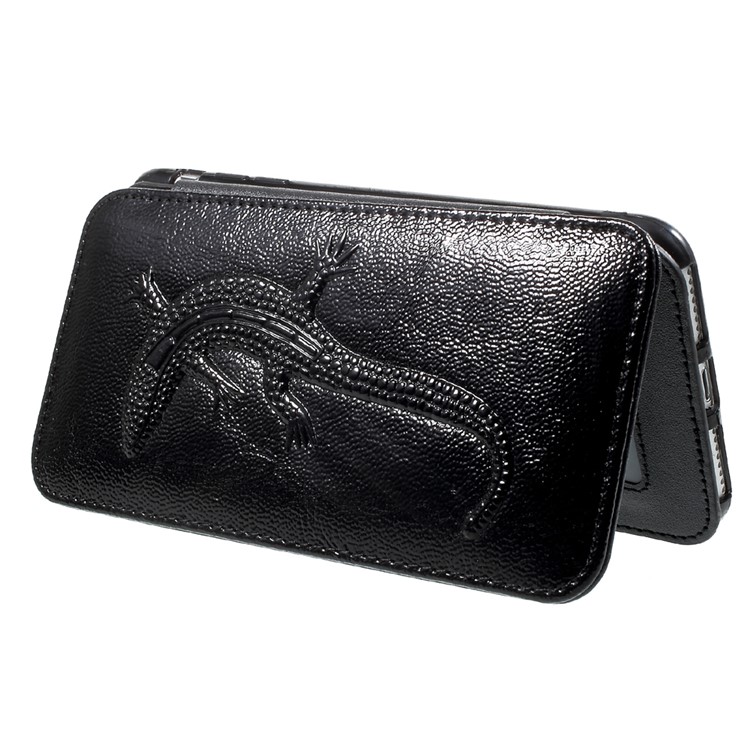 Built-in Mirror Lizard Embossment Card Holder Leather + TPU Shell Case with Strap for iPhone 7 - Black-5
