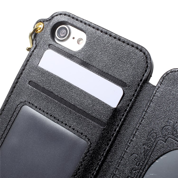 Built-in Mirror Lizard Embossment Card Holder Leather + TPU Shell Case with Strap for iPhone 7 - Black-8