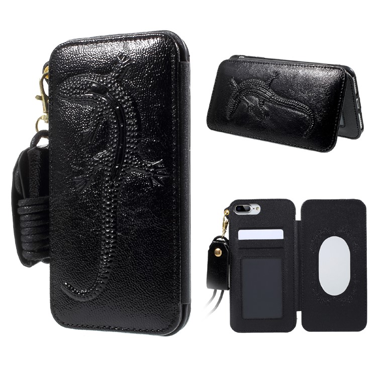 For iPhone 7 Plus Built-in Mirror Lizard Embossment Card Slots PU Leather + TPU Shell Case with Strap - Black-1