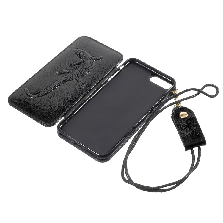 For iPhone 7 Plus Built-in Mirror Lizard Embossment Card Slots PU Leather + TPU Shell Case with Strap - Black-12