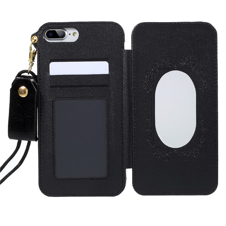 For iPhone 7 Plus Built-in Mirror Lizard Embossment Card Slots PU Leather + TPU Shell Case with Strap - Black-2