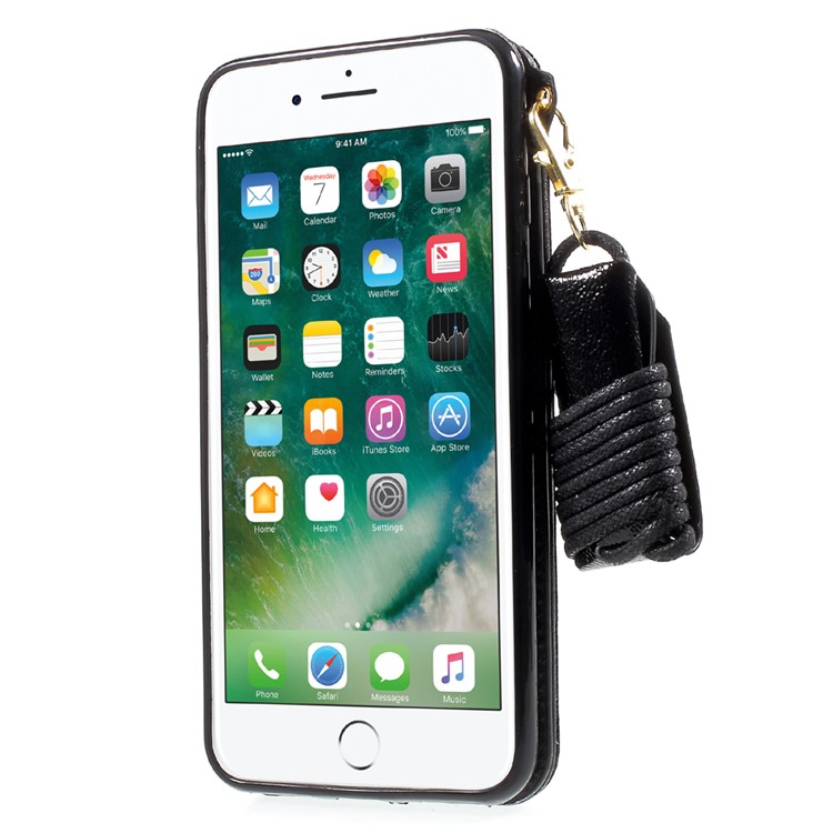 For iPhone 7 Plus Built-in Mirror Lizard Embossment Card Slots PU Leather + TPU Shell Case with Strap - Black-3