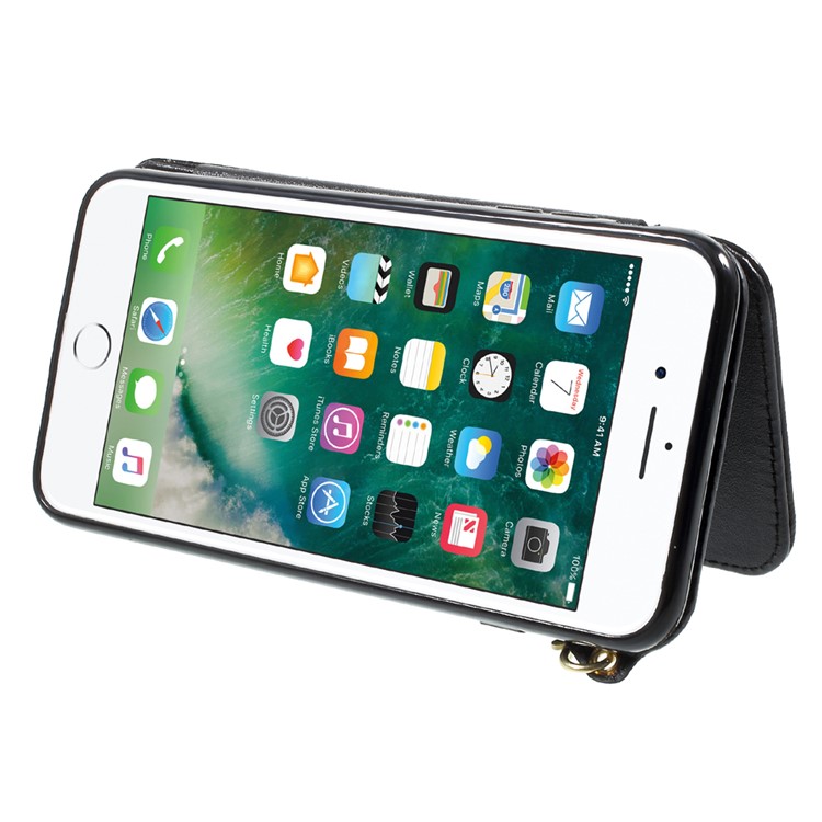 For iPhone 7 Plus Built-in Mirror Lizard Embossment Card Slots PU Leather + TPU Shell Case with Strap - Black-4