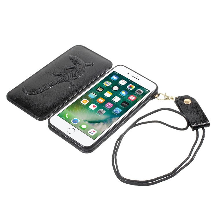 For iPhone 7 Plus Built-in Mirror Lizard Embossment Card Slots PU Leather + TPU Shell Case with Strap - Black-7