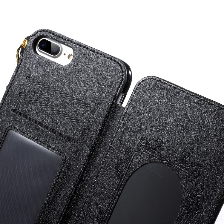 For iPhone 7 Plus Built-in Mirror Lizard Embossment Card Slots PU Leather + TPU Shell Case with Strap - Black-8
