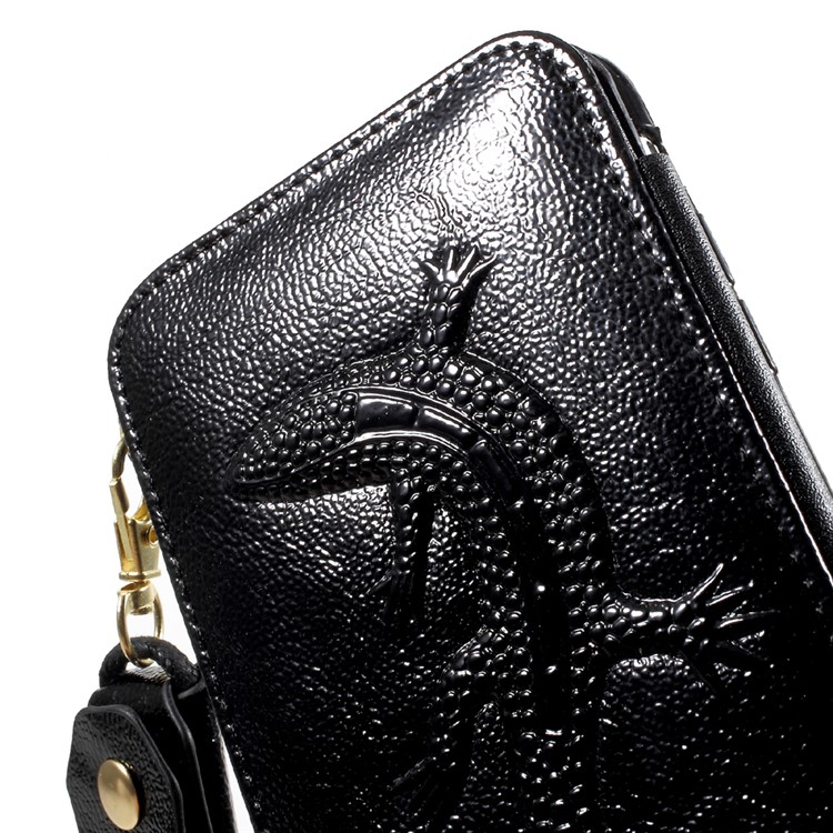For iPhone 7 Plus Built-in Mirror Lizard Embossment Card Slots PU Leather + TPU Shell Case with Strap - Black-9