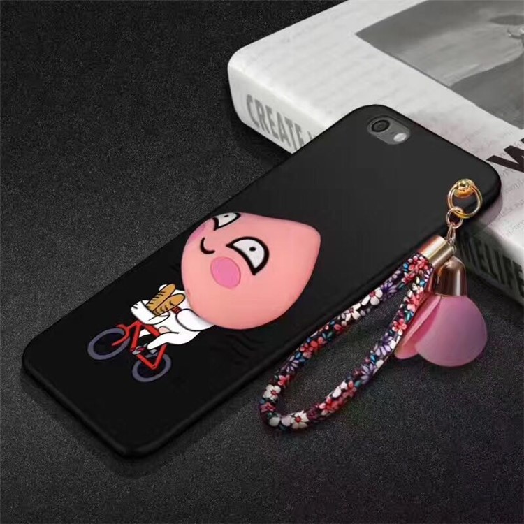 3D Cartoon Peach Cable Winder TPU Kickstand Back Case with Lanyard for iPhone 6s 6 - Black / Peach on Bike-1