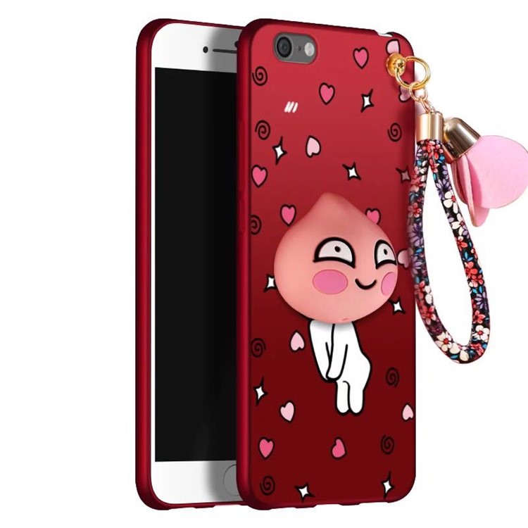 For iPhone 6s 6 3D Cartoon Peach Cable Winder TPU Kickstand Back Cover - Red / Peach in Love-3