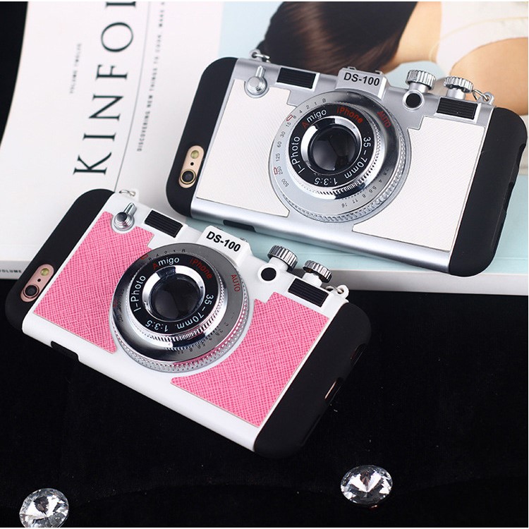 3D Amigo Camera Shape Retro Style Silicone Plastic Back Case with Lanyard for iPhone 6s 6 - White-3