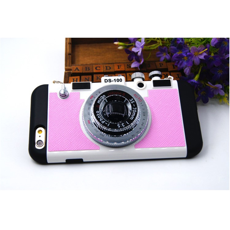 Retro 3D Amigo Camera Shape Silicone PC Hybrid Phone Cover with Lanyard for iPhone 6s 6 - Pink-1